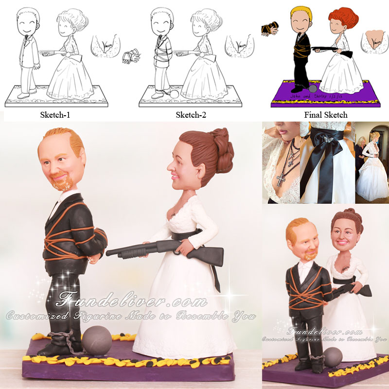 Bride Pushing Groom to the Alter with Shoot Gun Wedding Cake Toppers